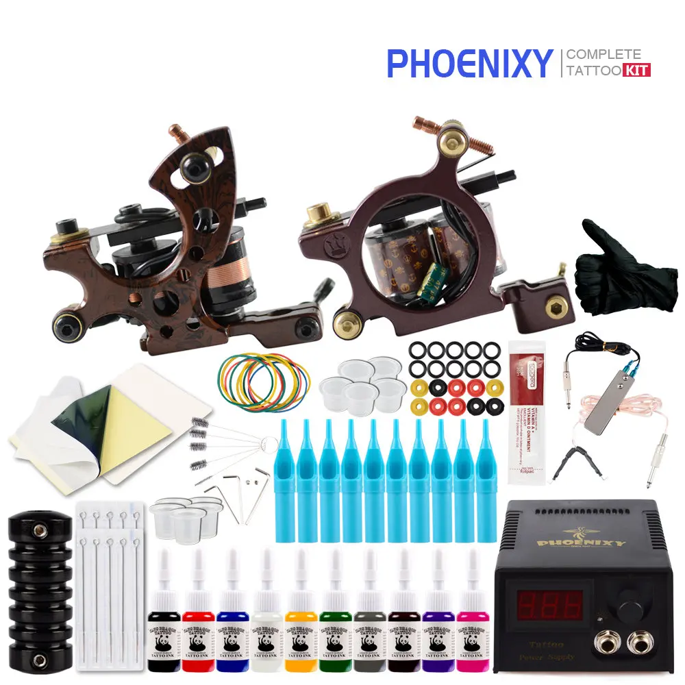 

Complete Tattoo Machine Kit 2 Guns Machines 10 Ink Sets LED Power Supply Disposable Needle Pedal Tips Tattoo Supplies Tattoo Set