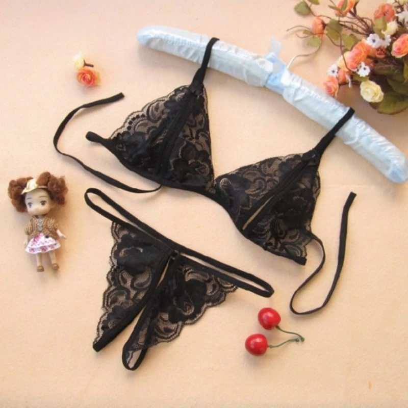 Womens Lingerie Lace Babydoll 2 Piece Bras Set With Bow Open Cup Crotchless Sexy Briefs