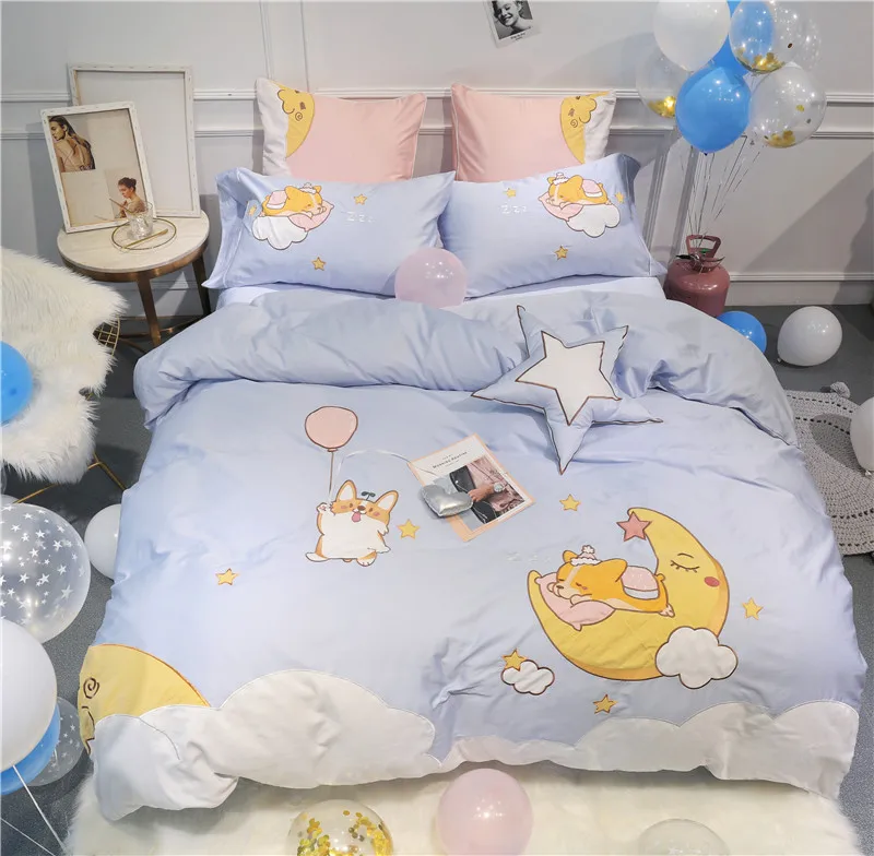 

Blue Pink Cartoon Corgi Moon Embroidery Egyptian Cotton Girl Child Bedding Set Duvet Cover Bed sheet Bed Linen Pillowcase 4/6pcs