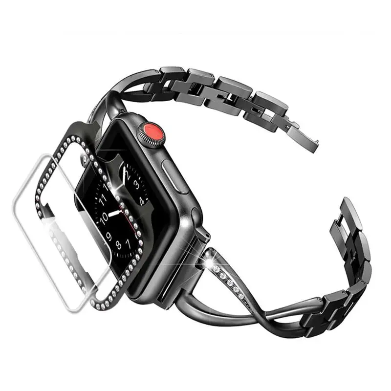 Алмазный ремешок для apple watch band 5 4 3 38 мм 44 мм iwatch band 42 мм 40 мм ремешок для часов+ чехол с бриллиантами и защитная пленка для экрана