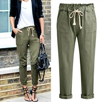 

EFINNY High Waist Elastic Harem Pants Women Casual OL Lady Pocket Lace up Ankle-length Trouser femme Black Grey