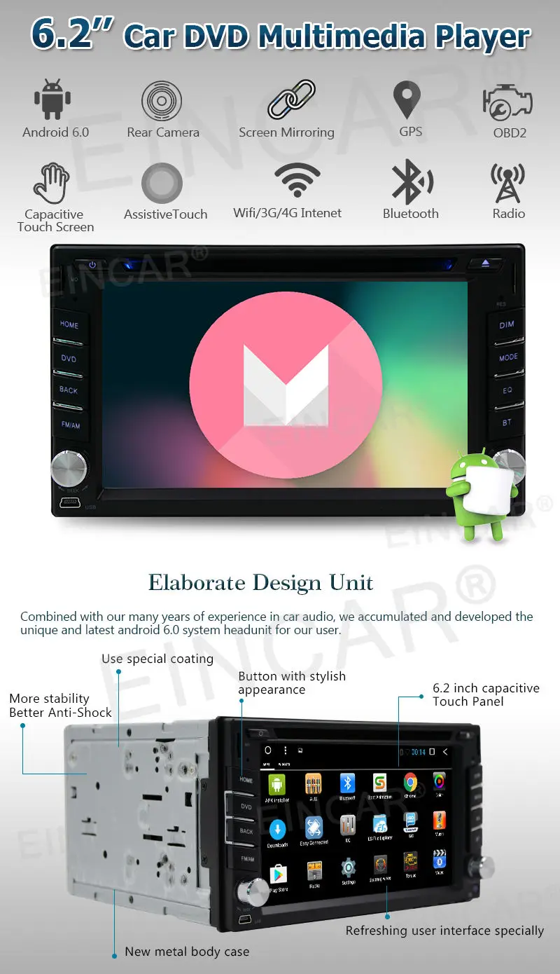 Excellent 4-Core Android 6.0 2DIN Car Radio Stereo 3G WIFI GPS OBD2 HD DVD Player+Camera 1