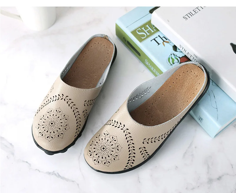 Women Flats Breathable Summer Genuine Leather Shoes Women Casual Slip On Loafers Plus Size 44 Mocassin Femme Nurse Flat Shoes