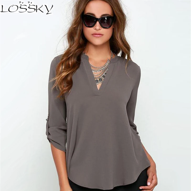 Женская шифоновая блузка с рукавом 3/4 и V образным вырезом|female shirts|v-neck chiffon blousechiffon