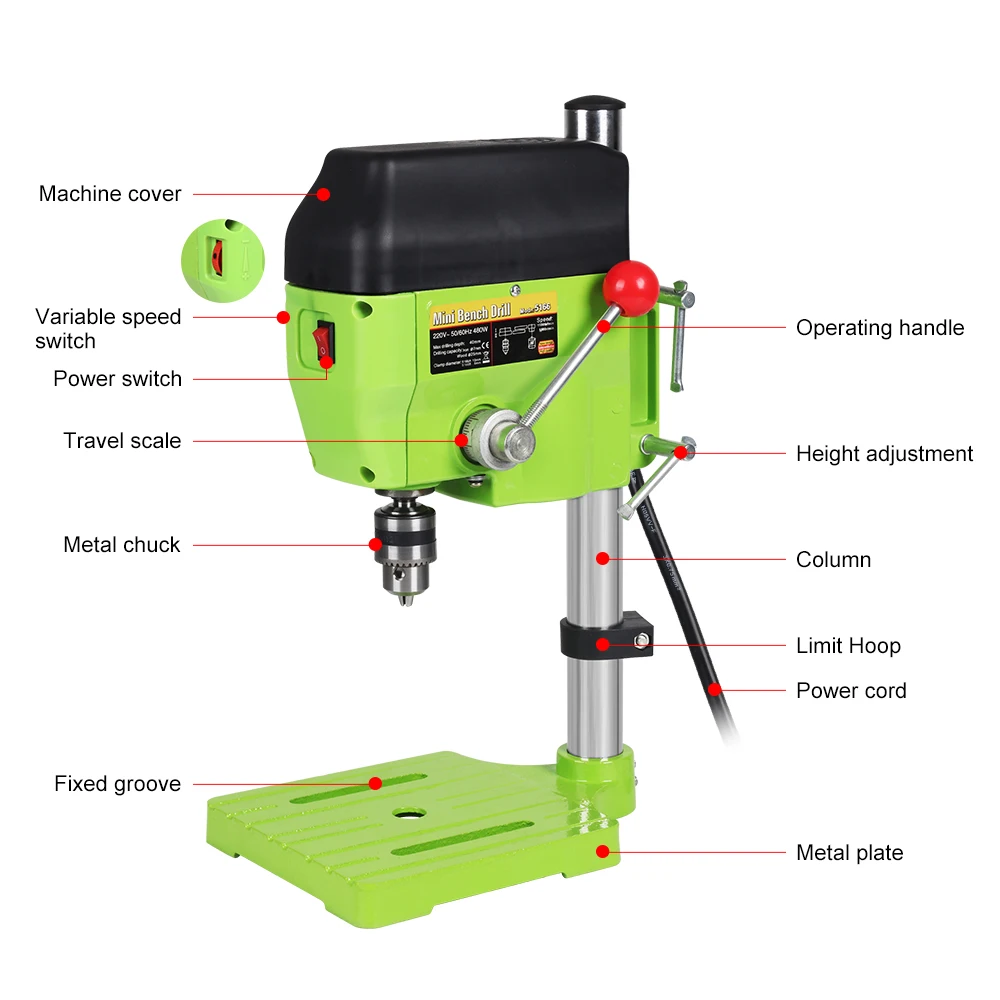 Мини-сверлильный пресс скамья маленькая сверлильная машина сверлильная Рабочая скамья Регулируемая скорость ЕС вилка 480 Вт 220 В BG-5166A