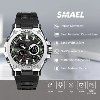 

Men Watch SMAEL Black Clock Analog-Digital Wristwatches Luminous Hands Clock Stop Watch Sport reloj hombre Luxury Brand Watches