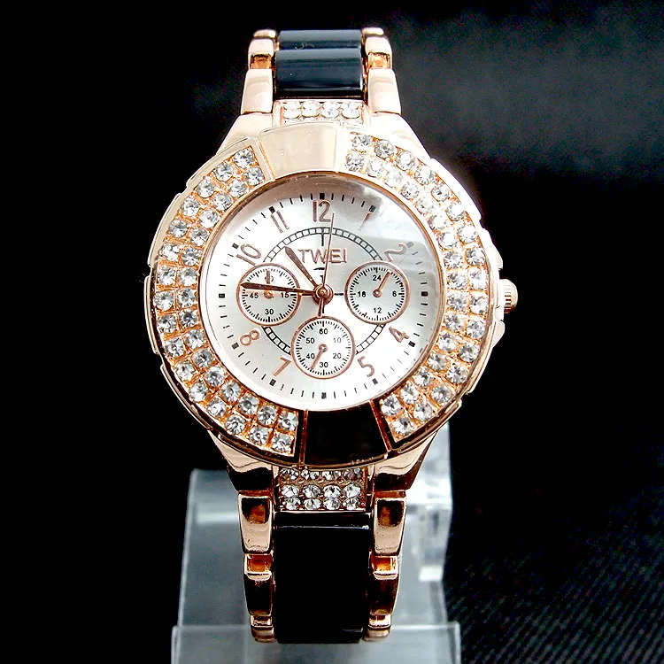 Лидер продаж, часы из розового золота с имитацией керамики, женские модные часы с кристаллами, кварцевые наручные часы, Relogio Feminino TW036 - Цвет: Черный