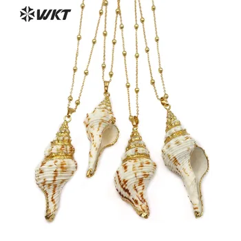 

WT-JN068 WKT Natural Trumpet Shell with Gold Dipped Necklace BOHE style ball bead chain Necklace pendant for women gift