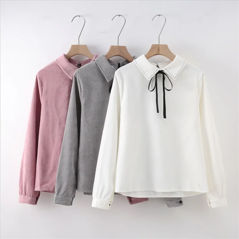 

Fashion Bow Blouse Women Solid Long Sleeve Shirt Plus Thick Turn-Down Collar Top