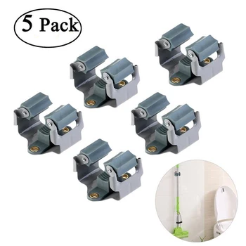 

5pcs Kitchen Storage Organizer Mop and Broom Holder Wall Mounted Garden Storage Rack 5 Position with 6 Hooks Garage Holds
