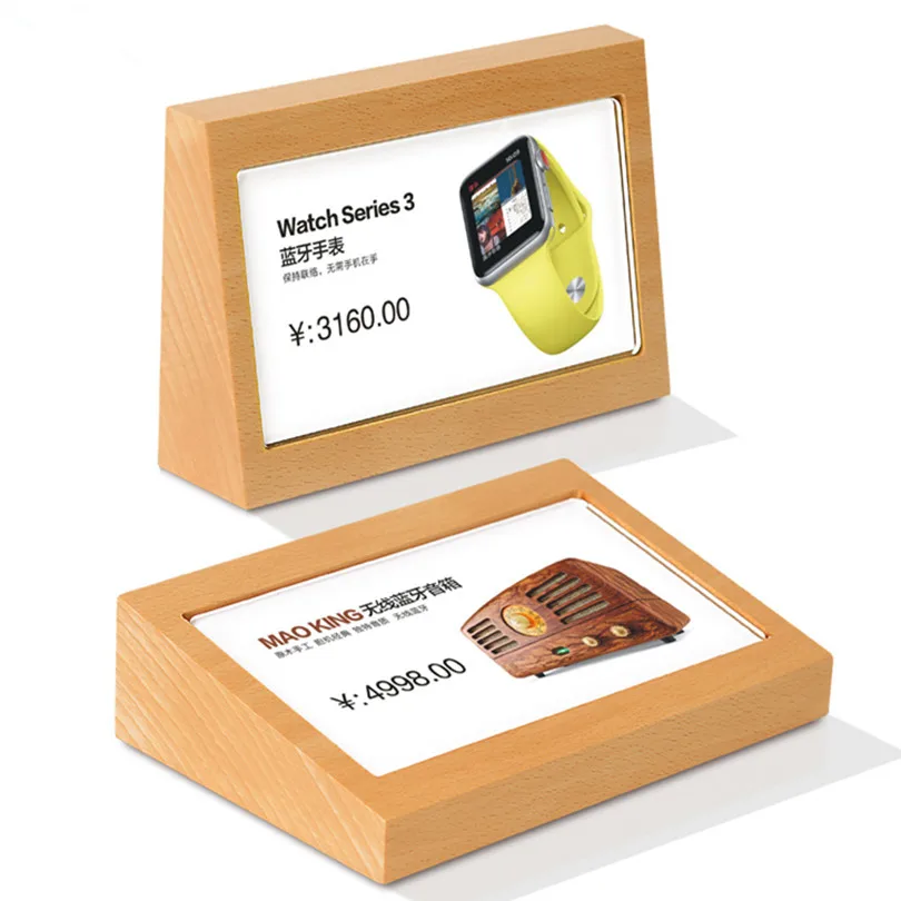 

90*54mm High Clear Acrylic Panel Slant Back Design Wooden Display Racks Table Menu Sign Holder Stand Price Paper Sign Tags