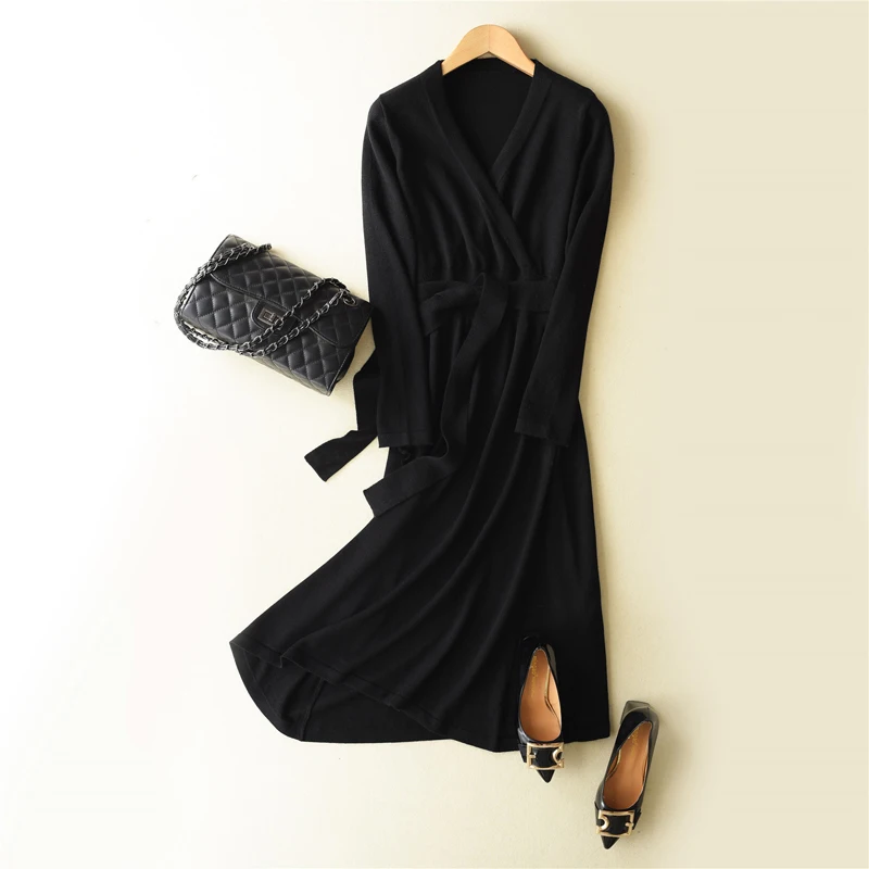HZYRMY Spring and Autumn New Women's Cashmere Sweater Dress V-Neck Fashion Long Solid Color Dress Wool Knit Pullover Loose Skirt Sweaters