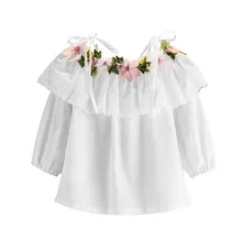 Кружевная рубашка для девочек платье с открытыми плечами для малышей белая осенне-Весенняя хлопковая рубашка с длинными рукавами для девочек Рубашка для свадебного торжества