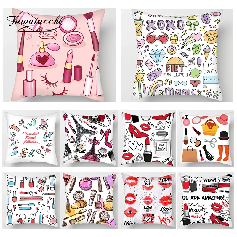 

Fuwatacchi Makeup Print Throw Cushion Cover Lipstick Perfume Bottle Pillows Cover Sofa Home Living Room Decorative Pillowcases