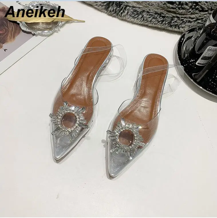 Aneikeh/Новинка года; пикантные женские босоножки; прозрачные босоножки на высоком каблуке из ПВХ; острый носок; Хрустальный цветок со стразами; женская обувь на каблуке - Цвет: Silver