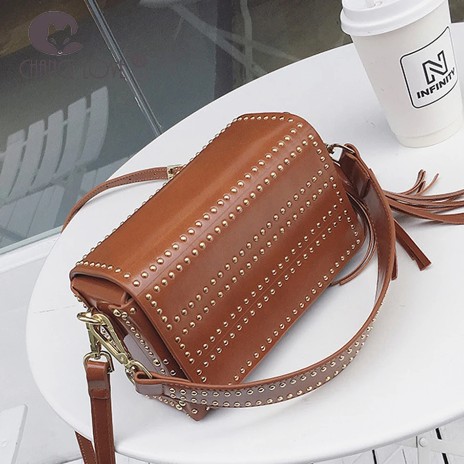 

Chance Love 2018 new Flap bag Genuine Leather handbags female casual lady shoulder diagonal fashion rivet bag Messenger