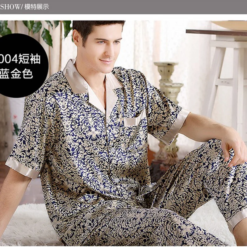 Summer Print Mens Stain Silk Pajama Set Pajamas Men Sleepwear Modern Style Silk Nightgown Home Male Satin Soft Cozy For Sleeping