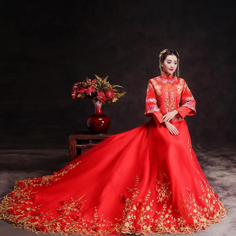 

Luxury Royal Red embroidery Dress Chinese bride wedding Qipao dress Chinese Traditional Dress Women Oriental Qi Pao