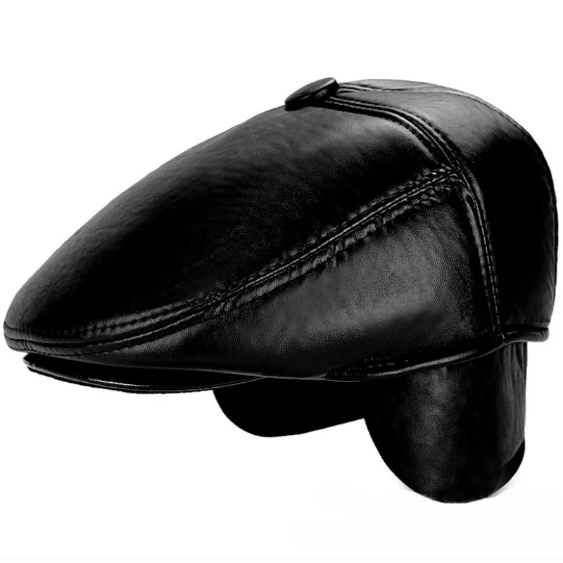 HT1846 Winter Caps for Men PU Leather Beret Cap Retro Classic Winter
