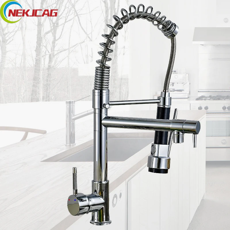Free Shipping Promotion Sprayer Kitchen Mixer Faucet Double Spout Deck Mount Kitchen Faucet Tap Chrome Finish