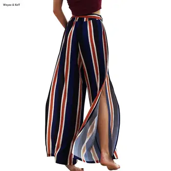 

Weyes & Kelf Split Ethnic Print Casual Pants Capri Loose Wide Leg Pants Women Bottom Stripes High Waist Pants Summer Trousers