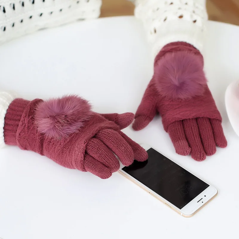 

Touch Screen Gloves Women Winter Warm Double layer Separable Fingerless Gloves Female Rabbit Fur Pom Poms Mittens Gants Femme