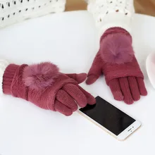 Touch Screen Gloves Women Winter Warm Double layer Separable Fingerless Female Rabbit Fur Pom Poms Mittens Gants Femme