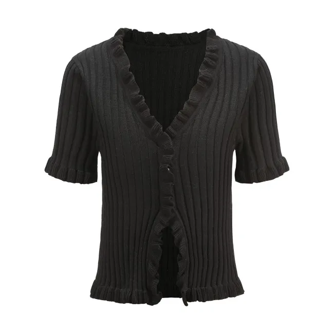 Однотонные летние трикотажные футболки с v-образным вырезом, женские футболки высокого уличного бренда с оборками, укороченные женские топы, уличная футболка, cwt0149-5
