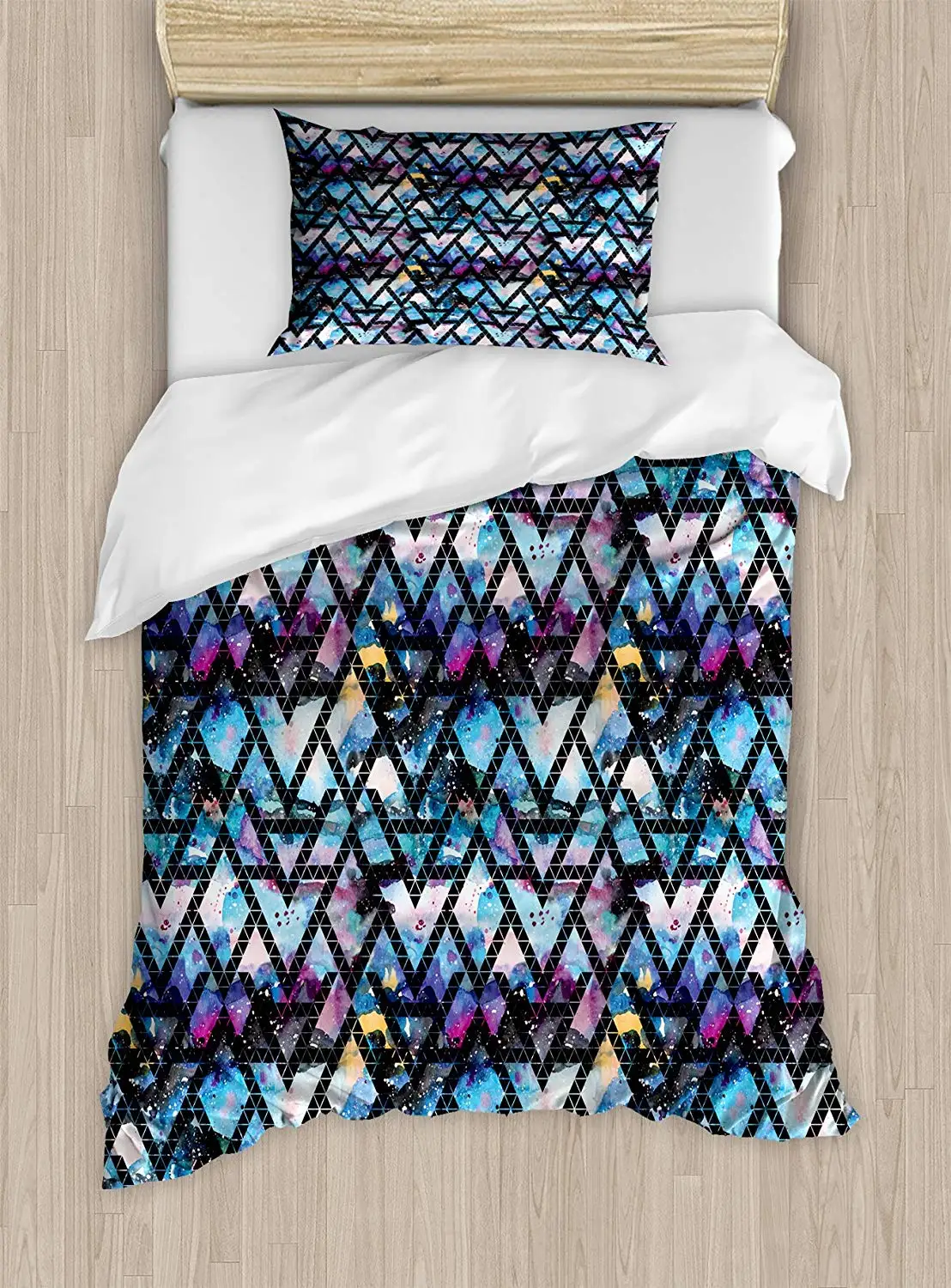 

Galaxy Duvet Cover Set Tribal Motifs Monochrome Triangles , Themed Backdrop, Decorative 3 Piece Bedding Set