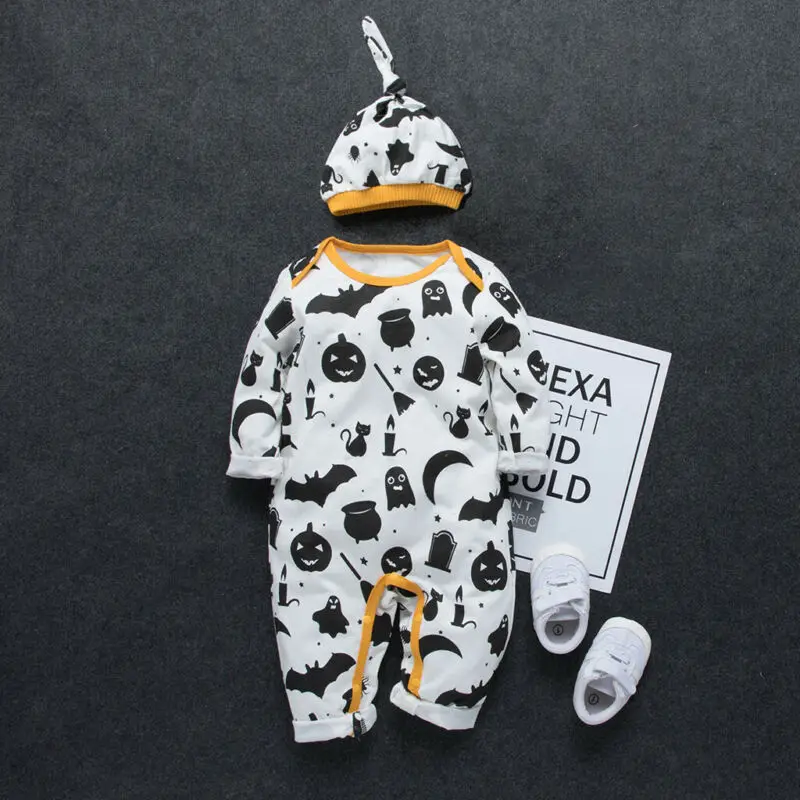 

2019 Halloween Newborn Baby Boy Girl Long Sleeve Print Baby Romper Jumpsuit Hat 2PCS Clothes