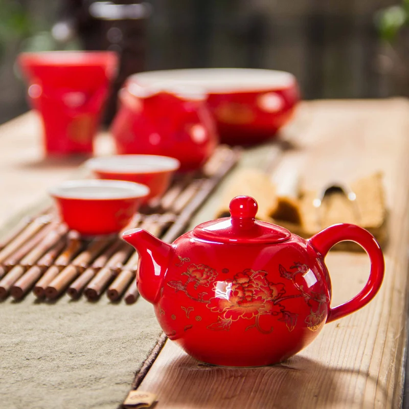 Ceramic Red Wedding Teapot Gifts Porcelain Chinese kung fu tea set