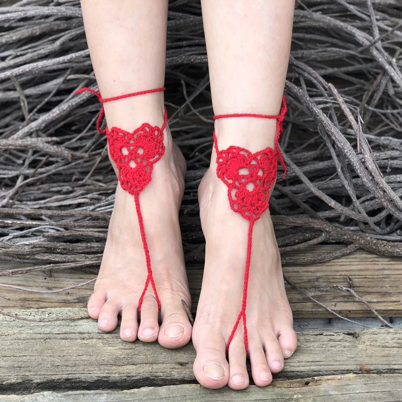 1 Pairs Trendy Handmade Crochet Barefoot Sandals Beach Yoga Anklet Jewelry Geometric Pattern Bridal Wedding Anklet Accessories