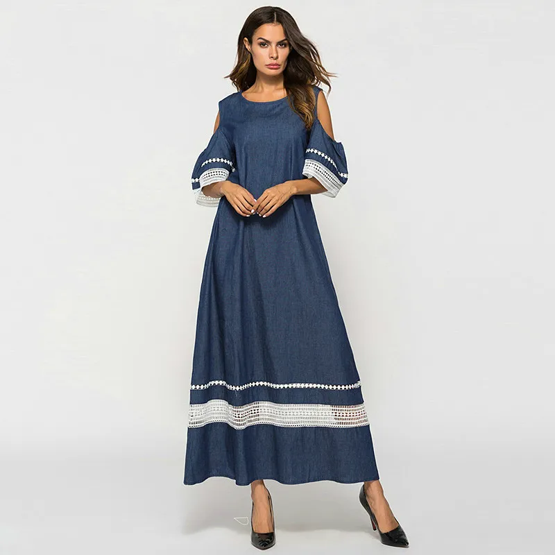 

Women Long Denim Dress Blue Cold Shoulder Lace Hollow Out Patchwork Sexy Robe Femme Woman A Line 2019 Ladies Summer Maxi Dresses