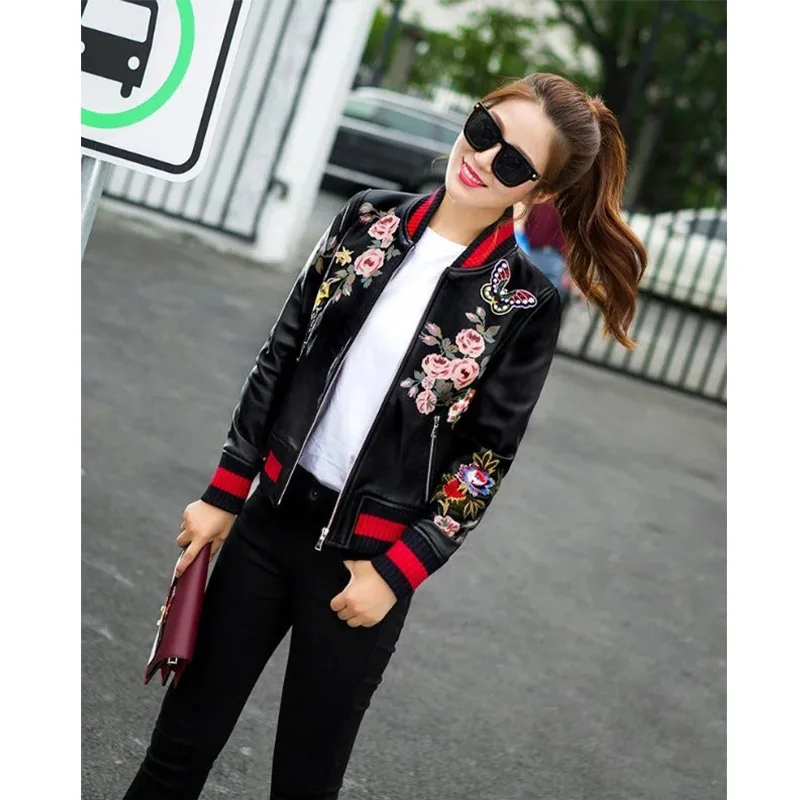 MLinina Print Pu Bomber Jacket Women Slim Short Basic Coat Floral Animal Female Black Zipper Outerwear Short Casual Ma1 Jackets