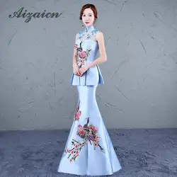 Высокое качество вышивка синий Cheongsam Длинные пикантные Qipao китайское традиционное платье Oriental вечерние платья Китай Костюмы магазине