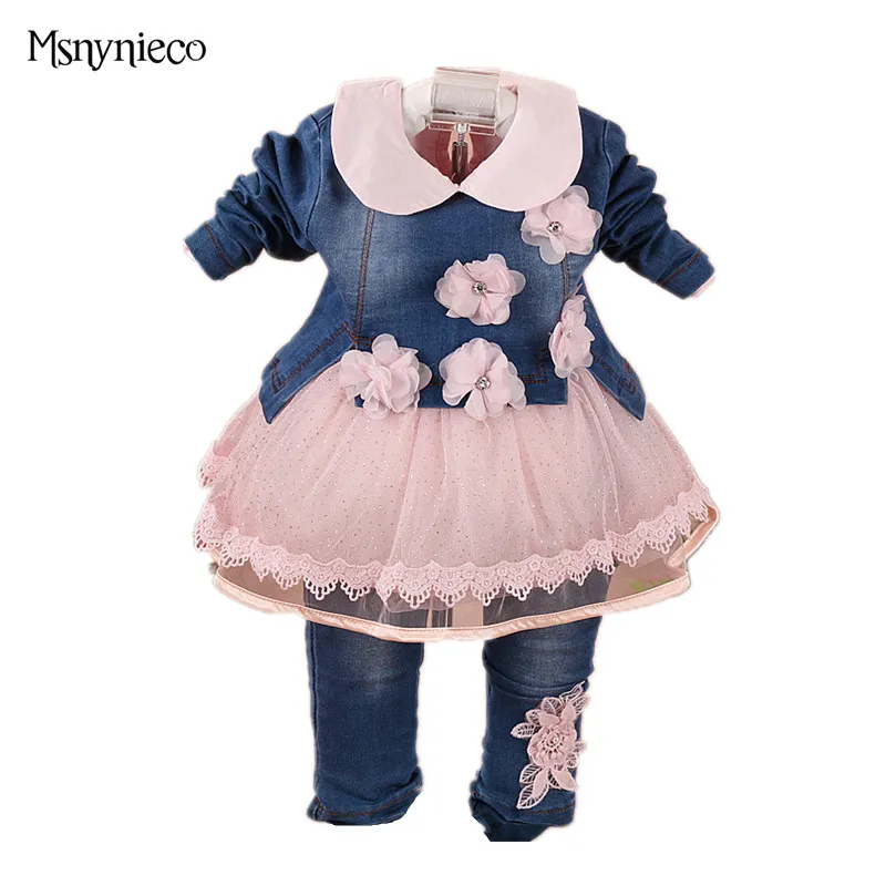 2018 Fashion Baby Girl Clothes Set Sping Autumn Girl Denim Jacket +t shirt+Pants 3pcs Kids Suits Infant Clothing Sets for 0-2Y new 3pcs children clothes set fashion t shirt denim pants headband autumn clothing sets for girls jeans crianca roupas