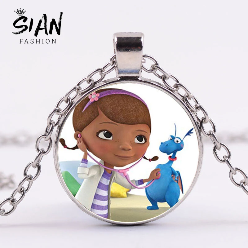

SIAN Cartoon Doc Mcstuffins Long Necklace Cosplay Clinic Doctor Round Pendant Necklace for Baby Girl Jewelry Birthday Party Gift