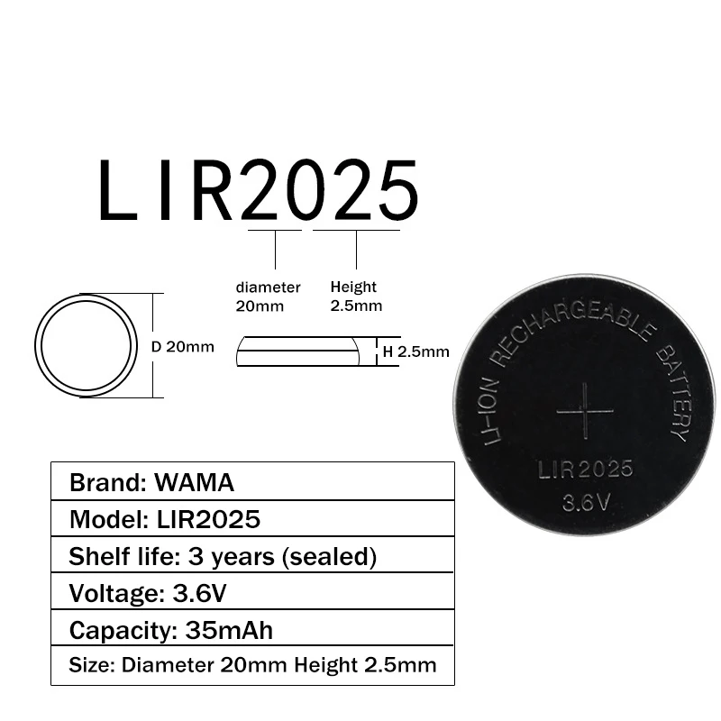 5x Wama LIR2025 перезаряжаемые батареи для BMW ключа автомобиля литий-ионная батарея Кнопка/монетница 3,6 V 30mAh Repleace CR2025 OEM
