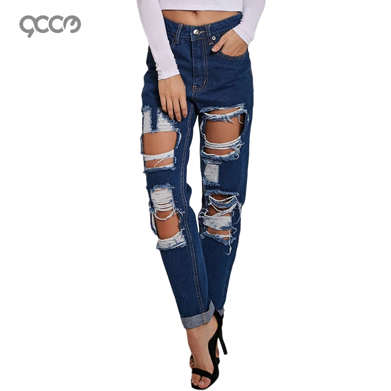 

Ripped Straight Jeans Hole Mid Waist Boyfriend Style Sexy Jeans Denim Pants M-XXL