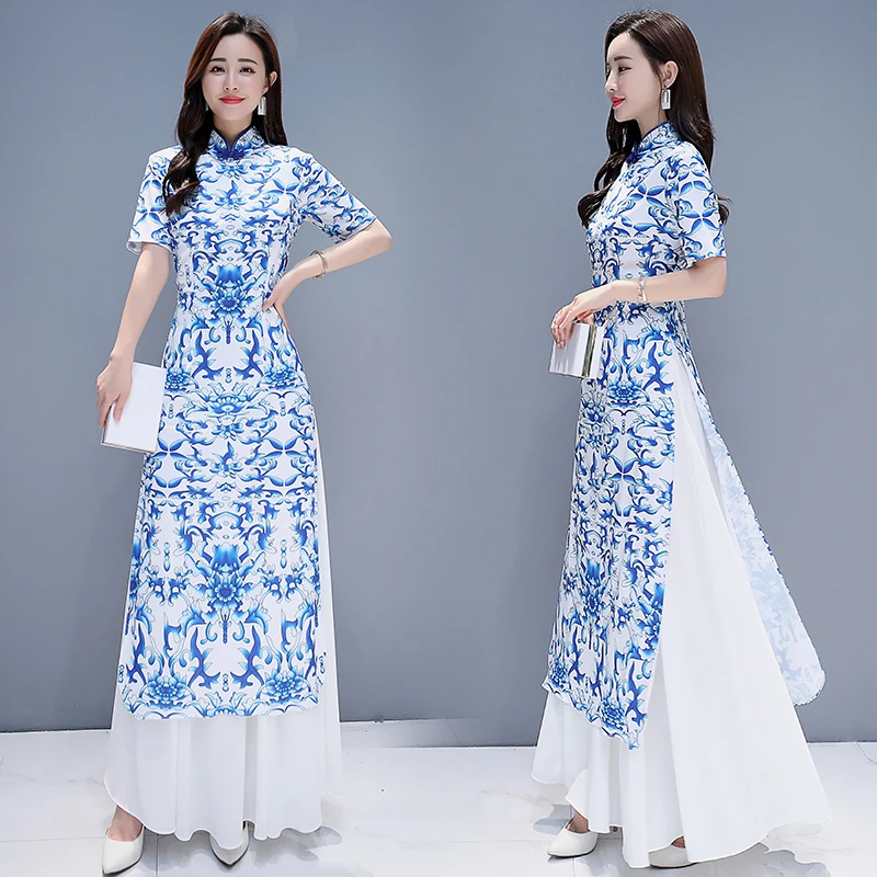 

2020 vietnam style elegant lady flower print oriental qipao cheongsam mandarin collar aodai dress ao dai qi pao chinese dress