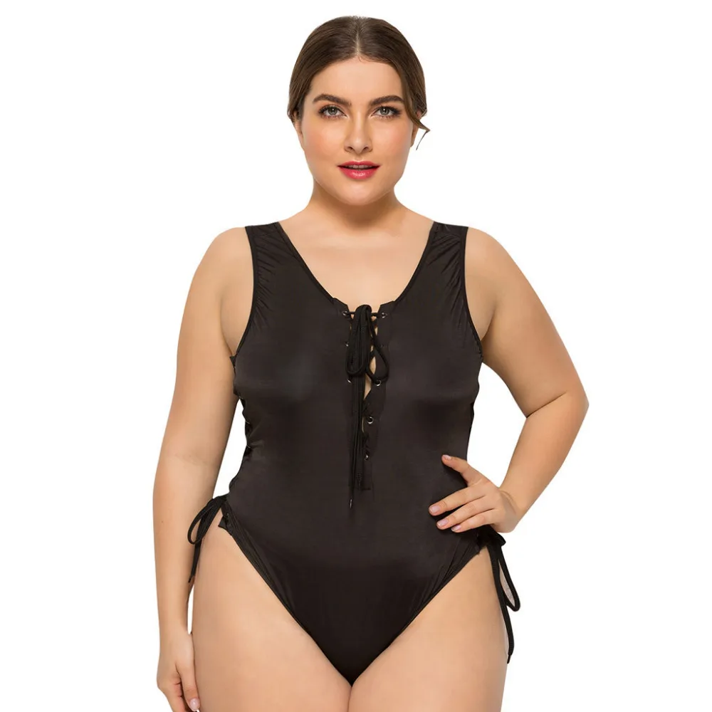 2019 women's plus-size bikinis set summer solid color deep V-neck one-piece hanging neck strap bikini swimsuit push up 40J8 (2)