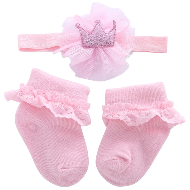 

2Pieces/lot HairBand+Socks For Baby Girls Lace Bowknot Soft Socks Baby Girl Newborn Crown Headband Cotton Princess Sock