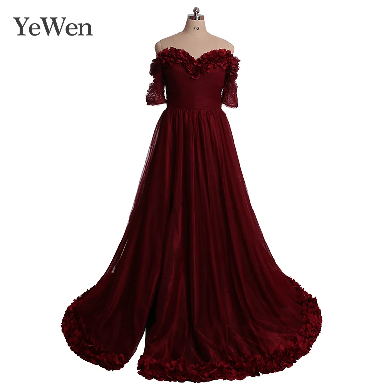 

Plus Size Evening Dresses 2019 New Arrival Elegant A Line Tulle Off Shoulder Flower Open Split Long Formal Party Gowns YeWen