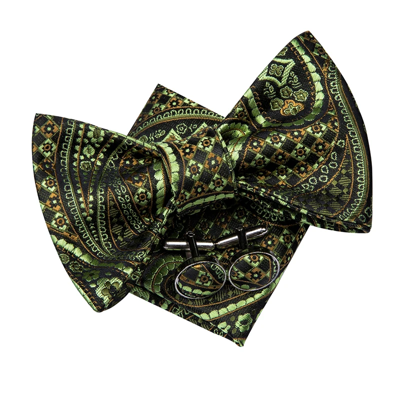 LH-2038 Hi-Tie роскошный Пейсли Шелковый плетеный мужской бабочка самостоятельно регулируемый галстук-бабочка Зеленая бабочка Карманный платок