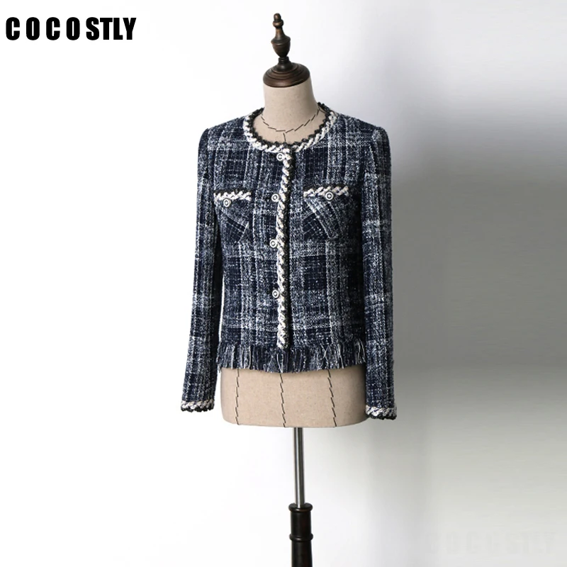 Tweed Chaqueta Mujer Plaid Tissé Manteau Blue Mince De Femmes Bleu 2018 D'hiver Section Veste Court FwqF7Zd