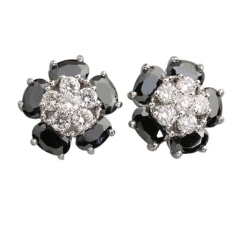 

Flower Black Stone 3*5mm Semi-precious Silver Cool For Womens Stud Earrings ED0099