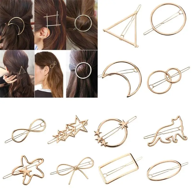 13 Styles Women Metal Alloy Minimalist Hair Clip Hollow Geometric Triangle Bowknot Lips Shape Hairpins Ponytail Holder Clamp |