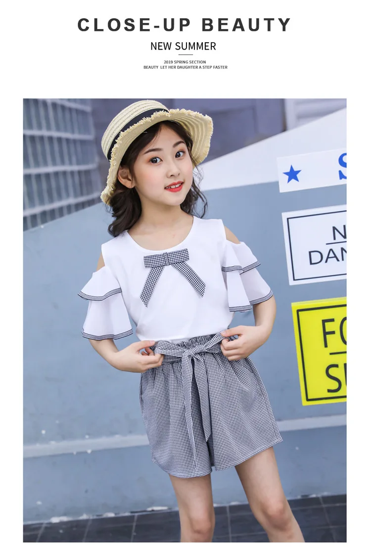 New Casual Teenage Girls Clothing Summer Fashion Bow Ruffle Sleeve Shirt Plaid Shorts Kids Clothes Set 2pcs Korean Children Suit (3)