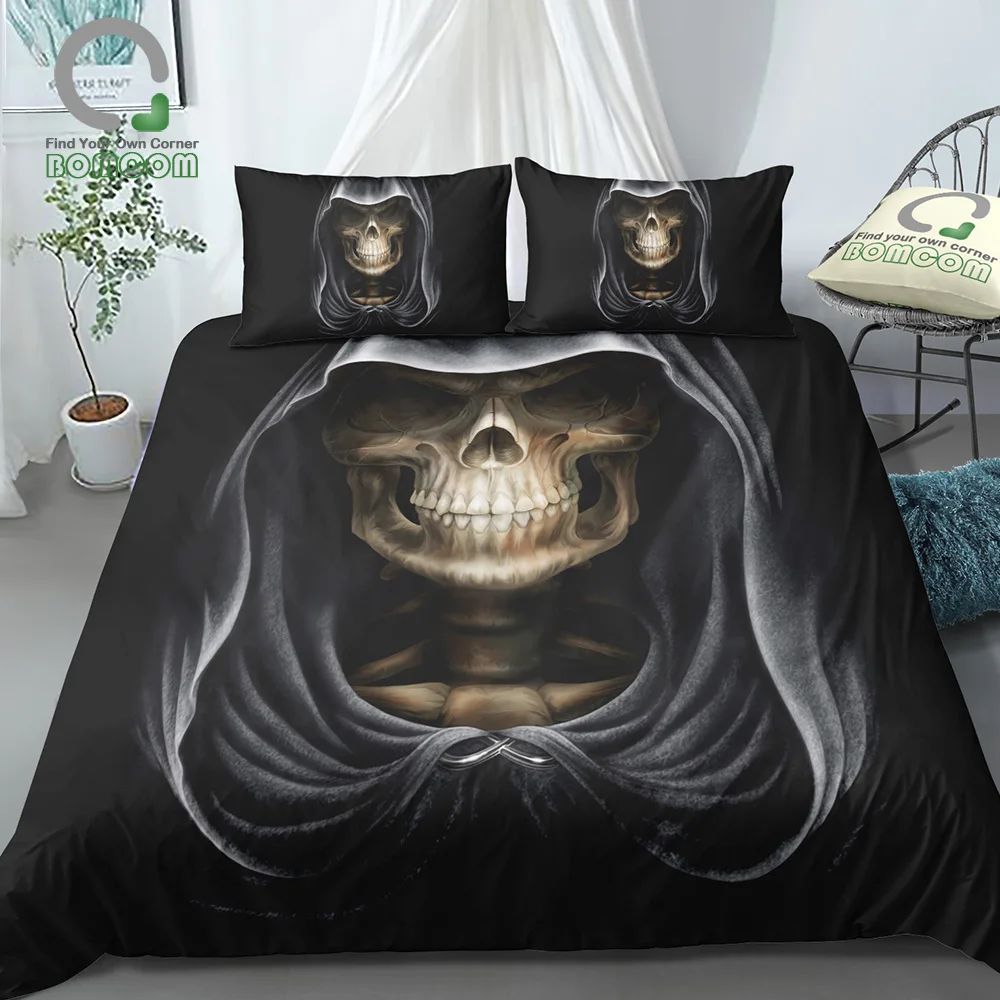 

BOMCOM 3D Digital Printing Magic Skull Bedding Set Comforter Cover SANTA MUERTE Skull Duvet Cover S 100% Microfiber Black