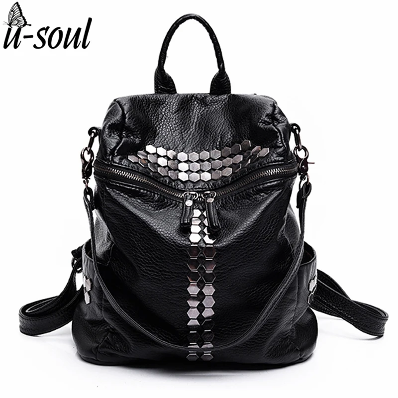 Leather Women Backpack Rivet Black Soft Washed Leather Bag Schoolbags For Girls Female Leisure ...